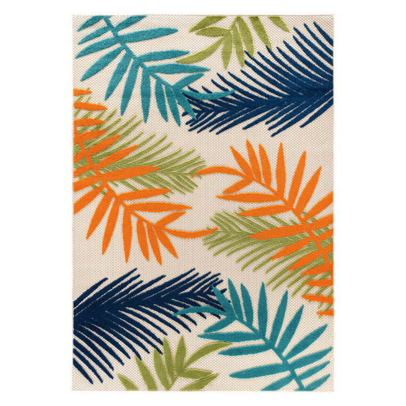 Beachcrest Home Parksley Palm Frond Indoor/Outdoor Area Rug Ivory/Orange/Navy & Reviews